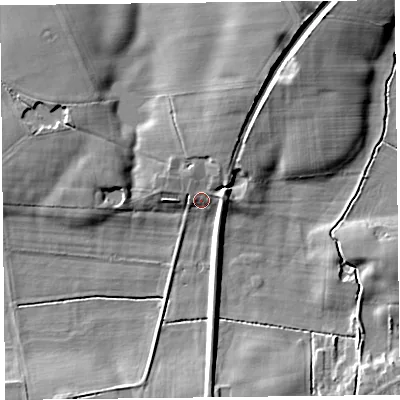 Shaded relief map of the ground around FY84NE, computed from Environment Agency LiDAR. The ground here sits at about 8 m above sea level and falls 14 m across the surrounding 800 m. Surface water reaching this point runs off ground lying to the north-north-east, 5.3 m higher.