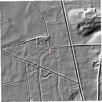 Shaded relief map of the ground around FY84NF, computed from Environment Agency LiDAR. The ground here sits at about 3 m above sea level and falls 6 m across the surrounding 800 m. Surface water reaching this point runs off ground lying to the north-north-west, 1.2 m higher.