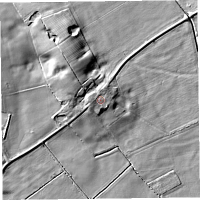 Shaded relief map of the ground around FY84NG, computed from Environment Agency LiDAR. The ground here sits at about 8 m above sea level and falls 10 m across the surrounding 800 m. Surface water reaching this point runs off ground lying to the north, 1.2 m higher.