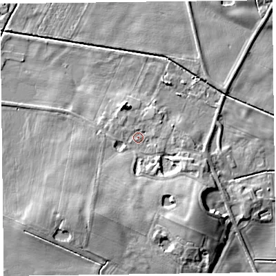 Shaded relief map of the ground around FY84NH, computed from Environment Agency LiDAR. The ground here sits at about 6 m above sea level and falls 10 m across the surrounding 800 m. Surface water reaching this point runs off ground lying to the east-south-east, 1.3 m higher.