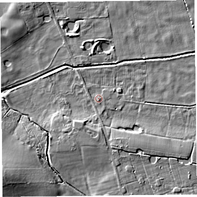 Shaded relief map of the ground around FY84NL, computed from Environment Agency LiDAR. The ground here sits at about 3 m above sea level and falls 10 m across the surrounding 800 m. Surface water reaching this point runs off ground lying to the south, 1.1 m higher.