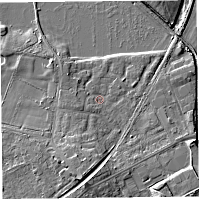 Shaded relief map of the ground around FY84NN, computed from Environment Agency LiDAR. The ground here sits at about 3 m above sea level and falls 8 m across the surrounding 800 m. Surface water reaching this point runs off ground lying to the west-south-west, 2.7 m higher.
