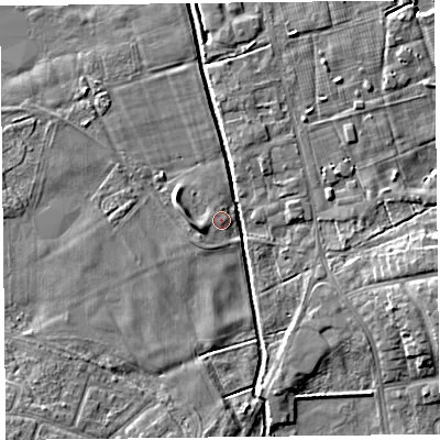 Shaded relief map of the ground around FY84NP, computed from Environment Agency LiDAR. The ground here sits at about 5 m above sea level and falls 6 m across the surrounding 800 m. Surface water reaching this point runs off ground lying to the west, 1.0 m higher.