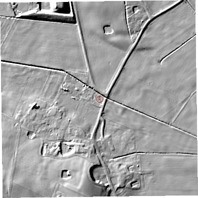 Shaded relief map of the ground around FY84NQ, computed from Environment Agency LiDAR. The ground here sits at about 4 m above sea level and falls 11 m across the surrounding 800 m. Surface water reaching this point runs off ground lying to the south-east, 2.6 m higher.