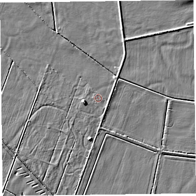 Shaded relief map of the ground around FY84NU, computed from Environment Agency LiDAR. The ground here sits at about 4 m above sea level and falls 5 m across the surrounding 800 m. Surface water reaching this point runs off ground lying to the west-south-west, 3.8 m higher.