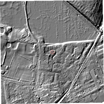 Shaded relief map of the ground around FY84NW, computed from Environment Agency LiDAR. The ground here sits at about 4 m above sea level and falls 10 m across the surrounding 800 m. Surface water reaching this point runs off ground lying to the west, 2.8 m higher.