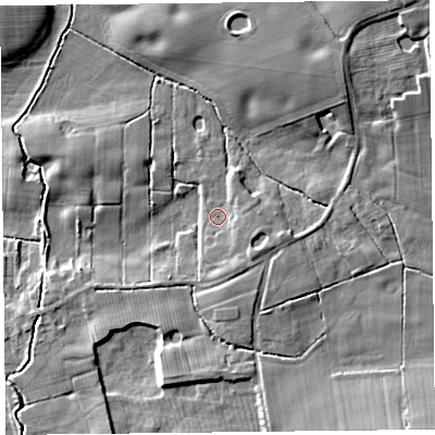 Shaded relief map of the ground around FY84NY, computed from Environment Agency LiDAR. The ground here sits at about 10 m above sea level and falls 15 m across the surrounding 800 m. Surface water reaching this point runs off ground lying to the east-south-east, 2.0 m higher.