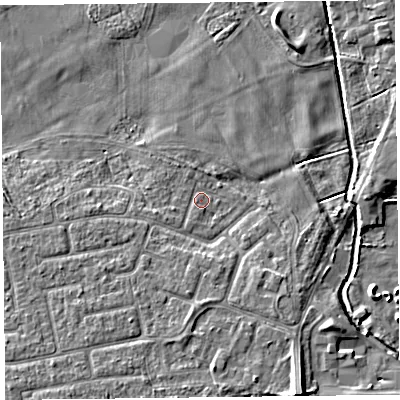 Shaded relief map of the ground around FY84PU, computed from Environment Agency LiDAR. The ground here sits at about 4 m above sea level and falls 7 m across the surrounding 800 m. Surface water reaching this point runs off ground lying to the south-west, 4.0 m higher.