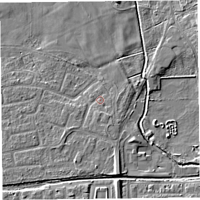 Shaded relief map of the ground around FY84QA, computed from Environment Agency LiDAR. The ground here sits at about 5 m above sea level and falls 8 m across the surrounding 800 m. Surface water reaching this point runs off ground lying to the south-west, 2.1 m higher.