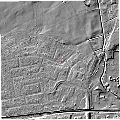 Shaded relief map of the ground around FY84QG, computed from Environment Agency LiDAR. The ground here sits at about 5 m above sea level and falls 7 m across the surrounding 800 m. Surface water reaching this point runs off ground lying to the south-south-west, 2.4 m higher.