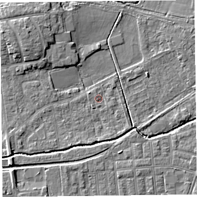Shaded relief map of the ground around FY84SG, computed from Environment Agency LiDAR. The ground here sits at about 3 m above sea level and falls 6 m across the surrounding 800 m. Surface water reaching this point runs off ground lying to the south-south-west, 2.1 m higher.
