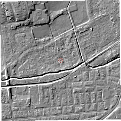 Shaded relief map of the ground around FY84SQ, computed from Environment Agency LiDAR. The ground here sits at about 3 m above sea level and falls 6 m across the surrounding 800 m. Surface water reaching this point runs off ground lying to the south-south-west, 2.0 m higher.
