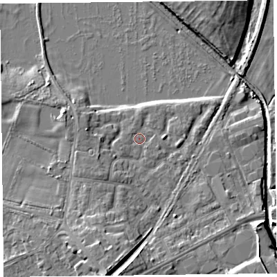 Shaded relief map of the ground around FY84TA, computed from Environment Agency LiDAR. The ground here sits at about 3 m above sea level and falls 10 m across the surrounding 800 m. Surface water reaching this point runs off ground lying to the south-west, 2.7 m higher.