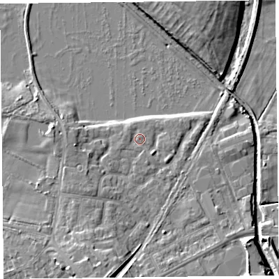 Shaded relief map of the ground around FY84TB, computed from Environment Agency LiDAR. The ground here sits at about 3 m above sea level and falls 11 m across the surrounding 800 m. Surface water reaching this point runs off ground lying to the south-west, 2.7 m higher.