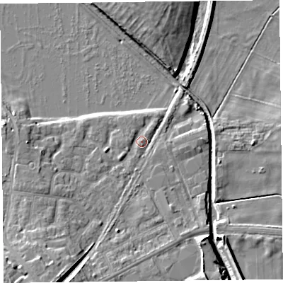 Shaded relief map of the ground around FY84TE, computed from Environment Agency LiDAR. The ground here sits at about 4 m above sea level and falls 10 m across the surrounding 800 m. Surface water reaching this point runs off ground lying to the south-south-west, 5.6 m higher.