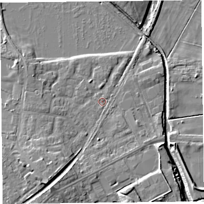 Shaded relief map of the ground around FY84TF, computed from Environment Agency LiDAR. The ground here sits at about 3 m above sea level and falls 9 m across the surrounding 800 m. Surface water reaching this point runs off ground lying to the south-south-west, 5.5 m higher.