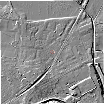Shaded relief map of the ground around FY84TG, computed from Environment Agency LiDAR. The ground here sits at about 3 m above sea level and falls 9 m across the surrounding 800 m. Surface water reaching this point runs off ground lying to the south-south-west, 5.2 m higher.