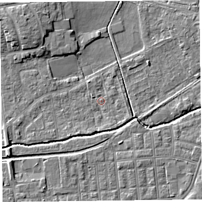 Shaded relief map of the ground around FY84TH, computed from Environment Agency LiDAR. The ground here sits at about 3 m above sea level and falls 6 m across the surrounding 800 m. Surface water reaching this point runs off ground lying to the south-south-west, 2.0 m higher.