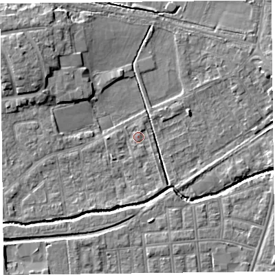 Shaded relief map of the ground around FY84TJ, computed from Environment Agency LiDAR. The ground here sits at about 4 m above sea level and falls 6 m across the surrounding 800 m. Surface water reaching this point runs off ground lying to the south-south-west, 2.1 m higher.
