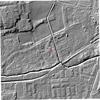 Shaded relief map of the ground around FY84TL, computed from Environment Agency LiDAR. The ground here sits at about 4 m above sea level and falls 6 m across the surrounding 800 m. Surface water reaching this point runs off ground lying to the east-south-east, 1.0 m higher.