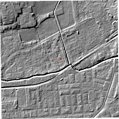 Shaded relief map of the ground around FY84TN, computed from Environment Agency LiDAR. The ground here sits at about 4 m above sea level and falls 6 m across the surrounding 800 m. Surface water reaching this point runs off ground lying to the south, 1.3 m higher.