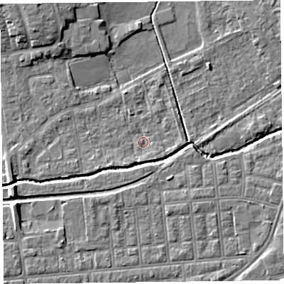 Shaded relief map of the ground around FY84TP, computed from Environment Agency LiDAR. The ground here sits at about 4 m above sea level and falls 6 m across the surrounding 800 m. Surface water reaching this point runs off ground lying to the south-east, 1.8 m higher.