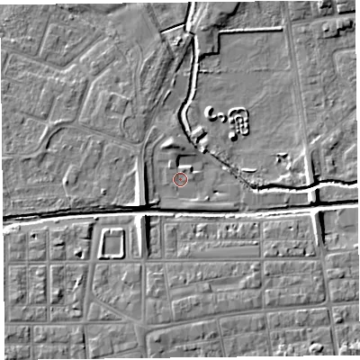 Shaded relief map of the ground around FY84TS, computed from Environment Agency LiDAR. The ground here sits at about 5 m above sea level and falls 8 m across the surrounding 800 m. Surface water reaching this point runs off ground lying to the north, 0.5 m higher.