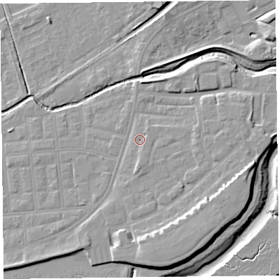 Shaded relief map of the ground around FY85AA, computed from Environment Agency LiDAR. The ground here sits at about 6 m above sea level and falls 11 m across the surrounding 800 m. Surface water reaching this point runs off ground lying to the south, 1.3 m higher.