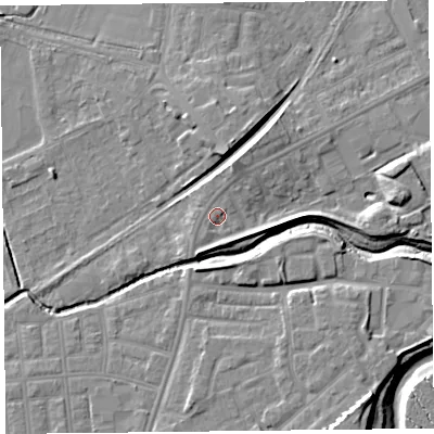 Shaded relief map of the ground around FY85AE, computed from Environment Agency LiDAR. The ground here sits at about 6 m above sea level and falls 11 m across the surrounding 800 m. Surface water reaching this point runs off ground lying to the south-south-west, 1.0 m higher.