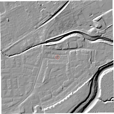 Shaded relief map of the ground around FY85AF, computed from Environment Agency LiDAR. The ground here sits at about 5 m above sea level and falls 11 m across the surrounding 800 m. Surface water reaching this point runs off ground lying to the south-south-east, 5.8 m higher.