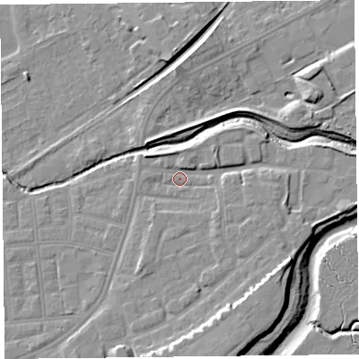 Shaded relief map of the ground around FY85AG, computed from Environment Agency LiDAR. The ground here sits at about 5 m above sea level and falls 11 m across the surrounding 800 m. Surface water reaching this point runs off ground lying to the south-east, 5.8 m higher.