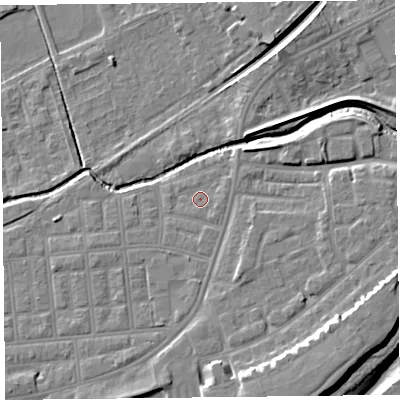 Shaded relief map of the ground around FY85AN, computed from Environment Agency LiDAR. The ground here sits at about 5 m above sea level and falls 11 m across the surrounding 800 m. Surface water reaching this point runs off ground lying to the east-south-east, 1.0 m higher.