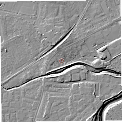 Shaded relief map of the ground around FY85AP, computed from Environment Agency LiDAR. The ground here sits at about 5 m above sea level and falls 11 m across the surrounding 800 m. Surface water reaching this point runs off ground lying to the east, 6.6 m higher.