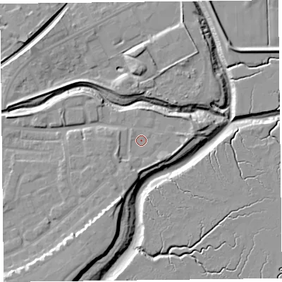 Shaded relief map of the ground around FY85AQ, computed from Environment Agency LiDAR. The ground here sits at about 6 m above sea level and falls 11 m across the surrounding 800 m. Surface water reaching this point runs off ground lying to the south-south-west, 0.9 m higher.