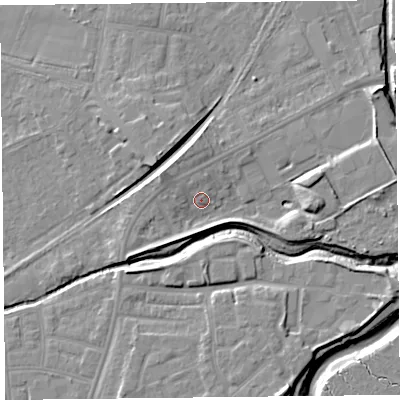 Shaded relief map of the ground around FY85AR, computed from Environment Agency LiDAR. The ground here sits at about 5 m above sea level and falls 10 m across the surrounding 800 m. Surface water reaching this point runs off ground lying to the east, 6.6 m higher.