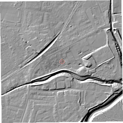 Shaded relief map of the ground around FY85AS, computed from Environment Agency LiDAR. The ground here sits at about 5 m above sea level and falls 10 m across the surrounding 800 m. Surface water reaching this point runs off ground lying to the east, 6.6 m higher.