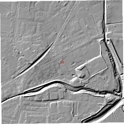 Shaded relief map of the ground around FY85AT, computed from Environment Agency LiDAR. The ground here sits at about 5 m above sea level and falls 9 m across the surrounding 800 m. Surface water reaching this point runs off ground lying to the west, 2.0 m higher.