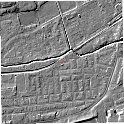 Shaded relief map of the ground around FY85AU, computed from Environment Agency LiDAR. The ground here sits at about 5 m above sea level and falls 9 m across the surrounding 800 m. Surface water reaching this point runs off ground lying to the south-west, 2.9 m higher.