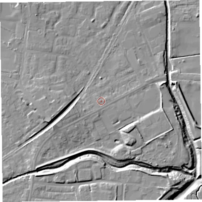 Shaded relief map of the ground around FY85AY, computed from Environment Agency LiDAR. The ground here sits at about 5 m above sea level and falls 9 m across the surrounding 800 m. Surface water reaching this point runs off ground lying to the west-north-west, 1.1 m higher.