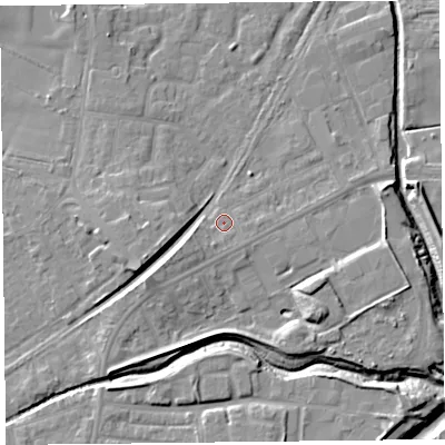 Shaded relief map of the ground around FY85AZ, computed from Environment Agency LiDAR. The ground here sits at about 5 m above sea level and falls 9 m across the surrounding 800 m. Surface water reaching this point runs off ground lying to the south-west, 3.9 m higher.
