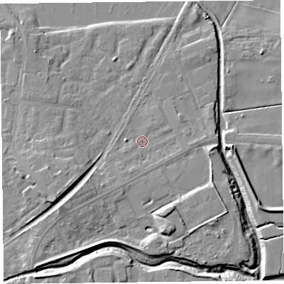 Shaded relief map of the ground around FY85BA, computed from Environment Agency LiDAR. The ground here sits at about 4 m above sea level and falls 9 m across the surrounding 800 m. Surface water reaching this point runs off ground lying to the south-south-west, 2.0 m higher.