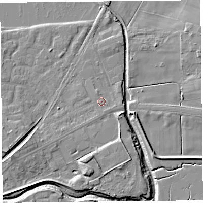 Shaded relief map of the ground around FY85BG, computed from Environment Agency LiDAR. The ground here sits at about 4 m above sea level and falls 9 m across the surrounding 800 m. Surface water reaching this point runs off ground lying to the south-south-east, 0.8 m higher.