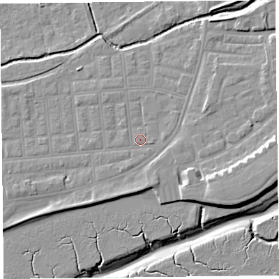 Shaded relief map of the ground around FY85BH, computed from Environment Agency LiDAR. The ground here sits at about 5 m above sea level and falls 12 m across the surrounding 800 m. Surface water reaching this point runs off ground lying to the south, 2.6 m higher.