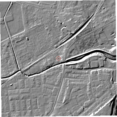Shaded relief map of the ground around FY85BJ, computed from Environment Agency LiDAR. The ground here sits at about 4 m above sea level and falls 9 m across the surrounding 800 m. Surface water reaching this point runs off ground lying to the east, 2.0 m higher.