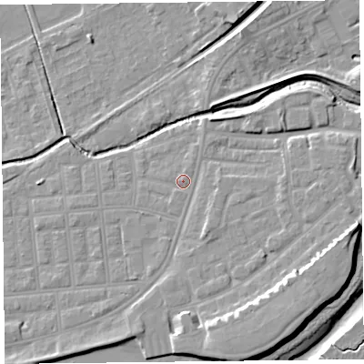 Shaded relief map of the ground around FY85BL, computed from Environment Agency LiDAR. The ground here sits at about 5 m above sea level and falls 11 m across the surrounding 800 m. Surface water reaching this point runs off ground lying to the south-east, 6.1 m higher.