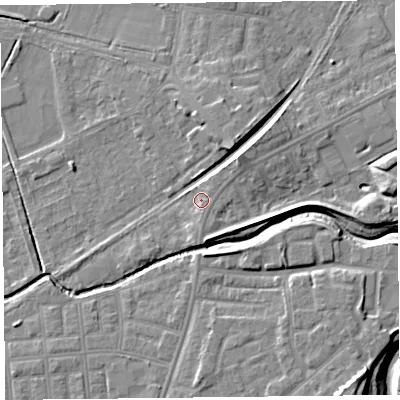 Shaded relief map of the ground around FY85BN, computed from Environment Agency LiDAR. The ground here sits at about 5 m above sea level and falls 11 m across the surrounding 800 m. Surface water reaching this point runs off ground lying to the north-east, 3.7 m higher.