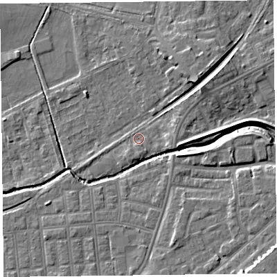 Shaded relief map of the ground around FY85BP, computed from Environment Agency LiDAR. The ground here sits at about 4 m above sea level and falls 9 m across the surrounding 800 m. Surface water reaching this point runs off ground lying to the east, 2.2 m higher.
