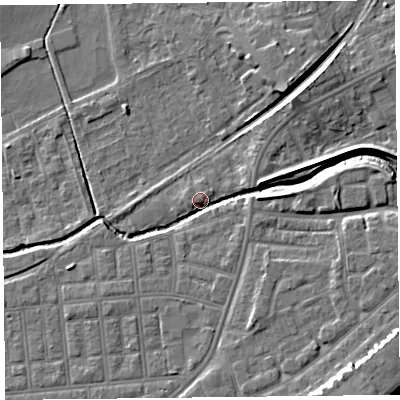 Shaded relief map of the ground around FY85BS, computed from Environment Agency LiDAR. The ground here sits at about 5 m above sea level and falls 9 m across the surrounding 800 m. Surface water reaching this point runs off ground lying to the south-east, 8.4 m higher.