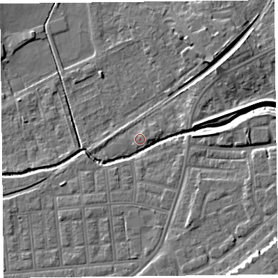 Shaded relief map of the ground around FY85BT, computed from Environment Agency LiDAR. The ground here sits at about 4 m above sea level and falls 9 m across the surrounding 800 m. Surface water reaching this point runs off ground lying to the east, 1.1 m higher.