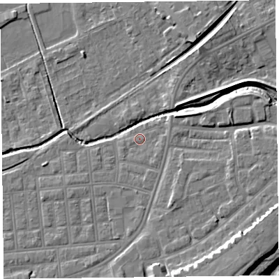 Shaded relief map of the ground around FY85BU, computed from Environment Agency LiDAR. The ground here sits at about 5 m above sea level and falls 11 m across the surrounding 800 m. Surface water reaching this point runs off ground lying to the east-north-east, 1.3 m higher.